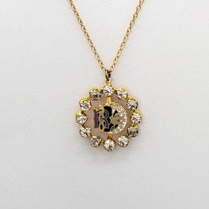 Womens Gold Tone Chain Round Pendant Crystal Detailed Fashion Necklace 16 in